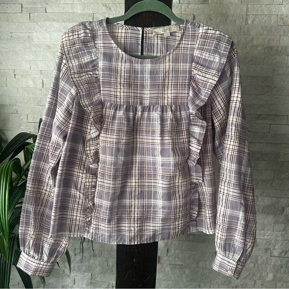 LOFT Frosted Lavender Ruffled Plaid Blouse Size Small - Picture 2 of 11